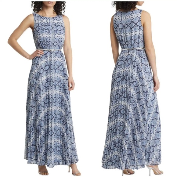 NEW Eliza J Snake Print Pleated Sleeveless Belted Maxi Dress Sz. 4 - Picture 1 of 7